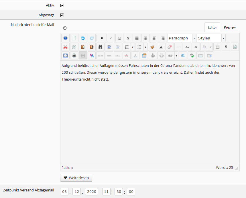 Absagemail Konfiguration 20201208